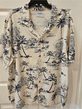Old Navy Men's XXL Hawaiian Shirt Camp Collar Palm Blue Cream Textured Aloha